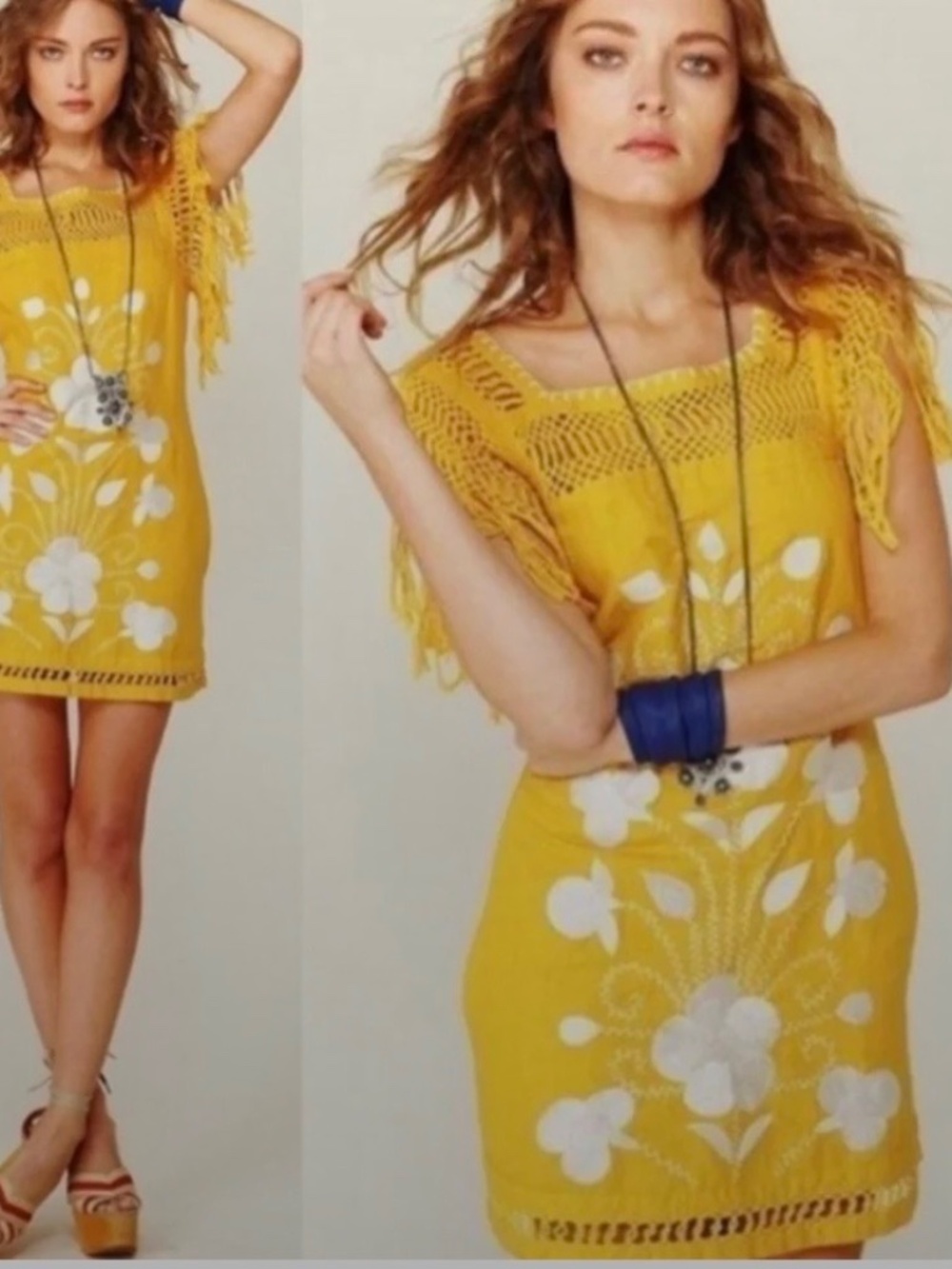 Free People Crochet‎ Fringe Dress Yellow Embroidered Floral Cotton/Linen Dress